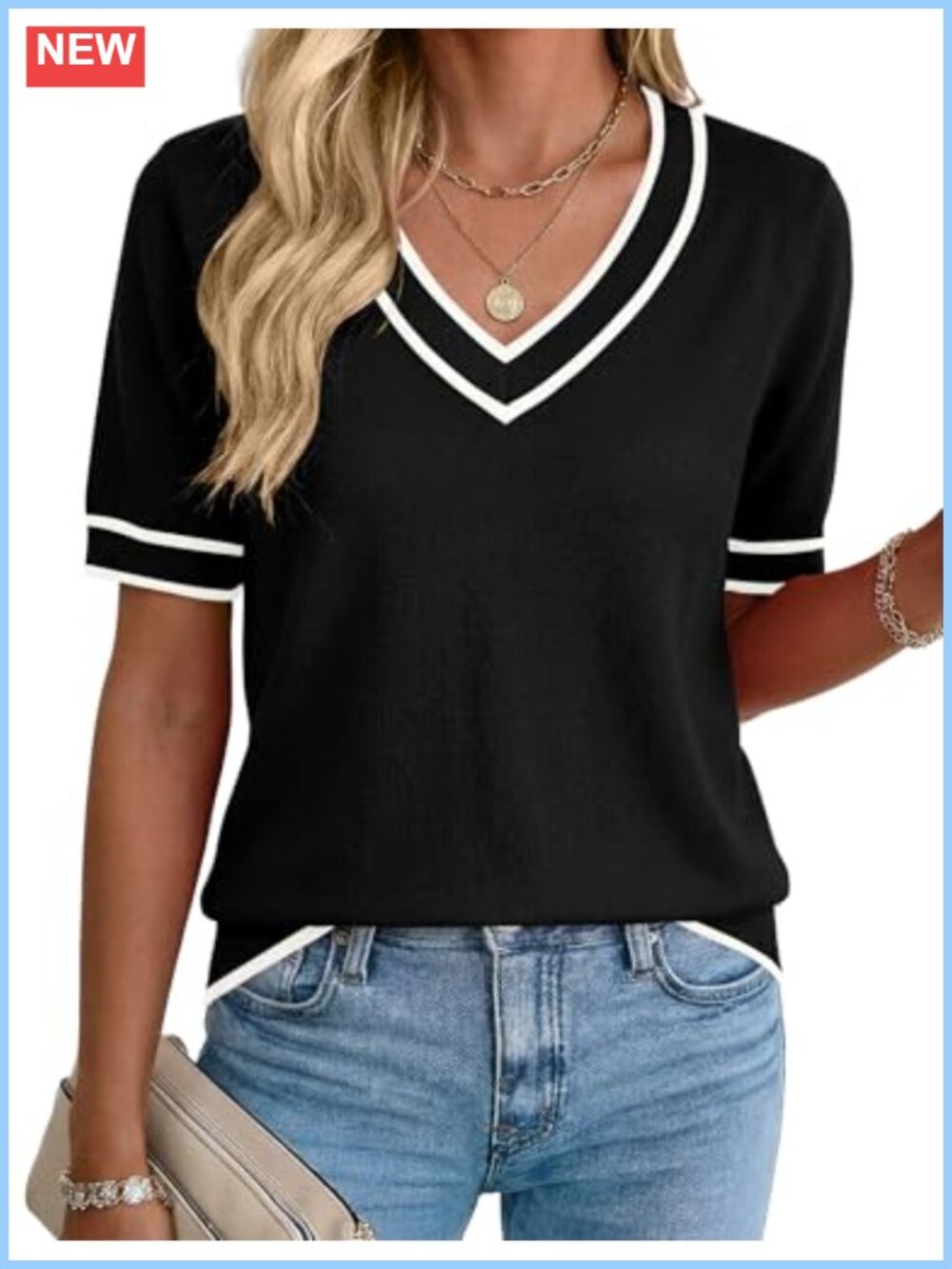 Women's Short Sleeve V-Neck Knit Pullover Sweater Lightweight Summer Top
